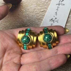 Vintage DIVA 1980s Art Deco Gold Tone and Green Stone Earrings